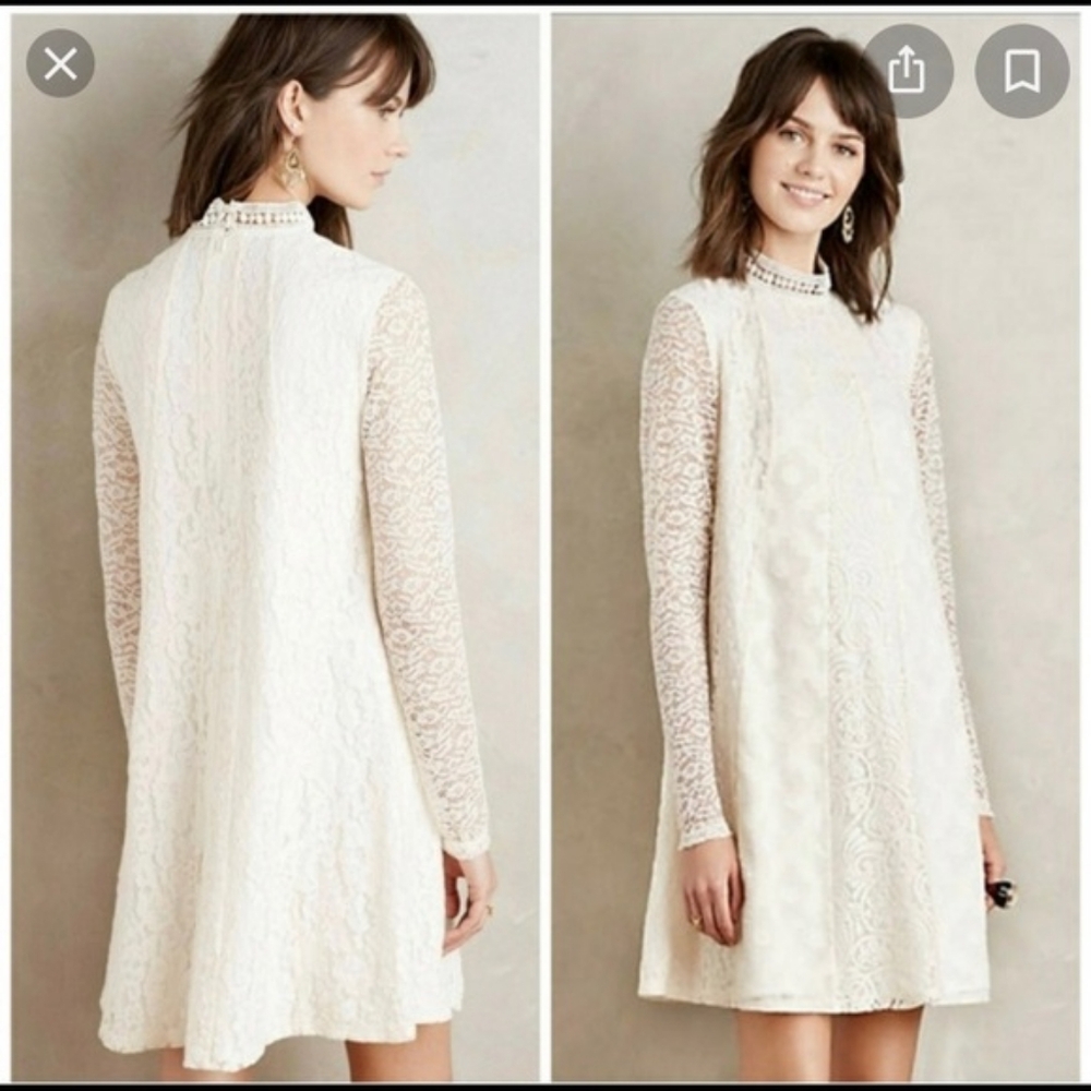 Anthropologie HD in Paris Cream A-Line Long Sleeve Dress Embrodiered Lace Size S